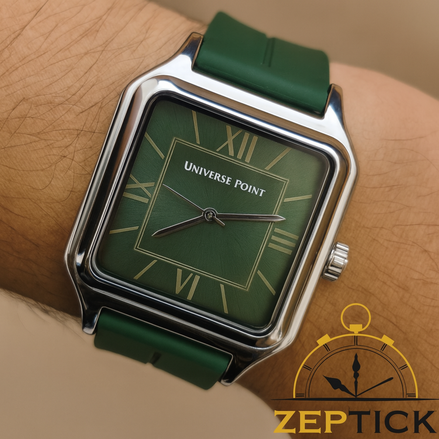 Universe Point Square Green Dial Watch – Premium Stainless Steel with Green Silicone Strap