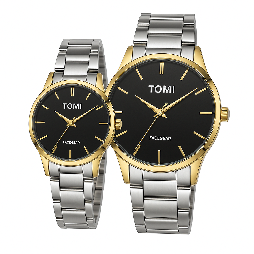TOMI Couple Watch – Black Dial with Gold and Silver Stainless Steel Strap
