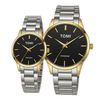TOMI Couple Watch – Black Dial with Gold and Silver Stainless Steel Strap
