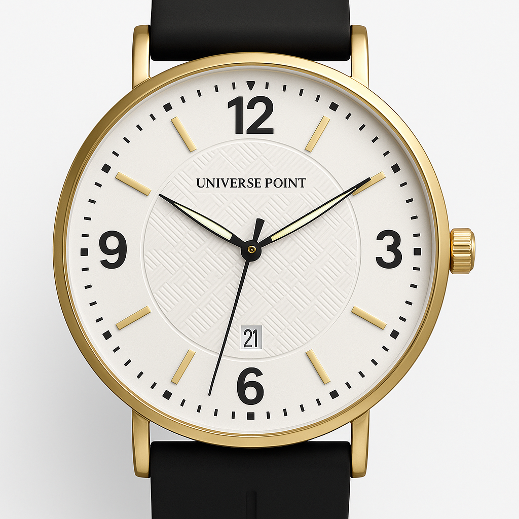 Universe Point Men’s Watch – White Textured Dial, Gold Case, Black Strap & Magnet Lock
