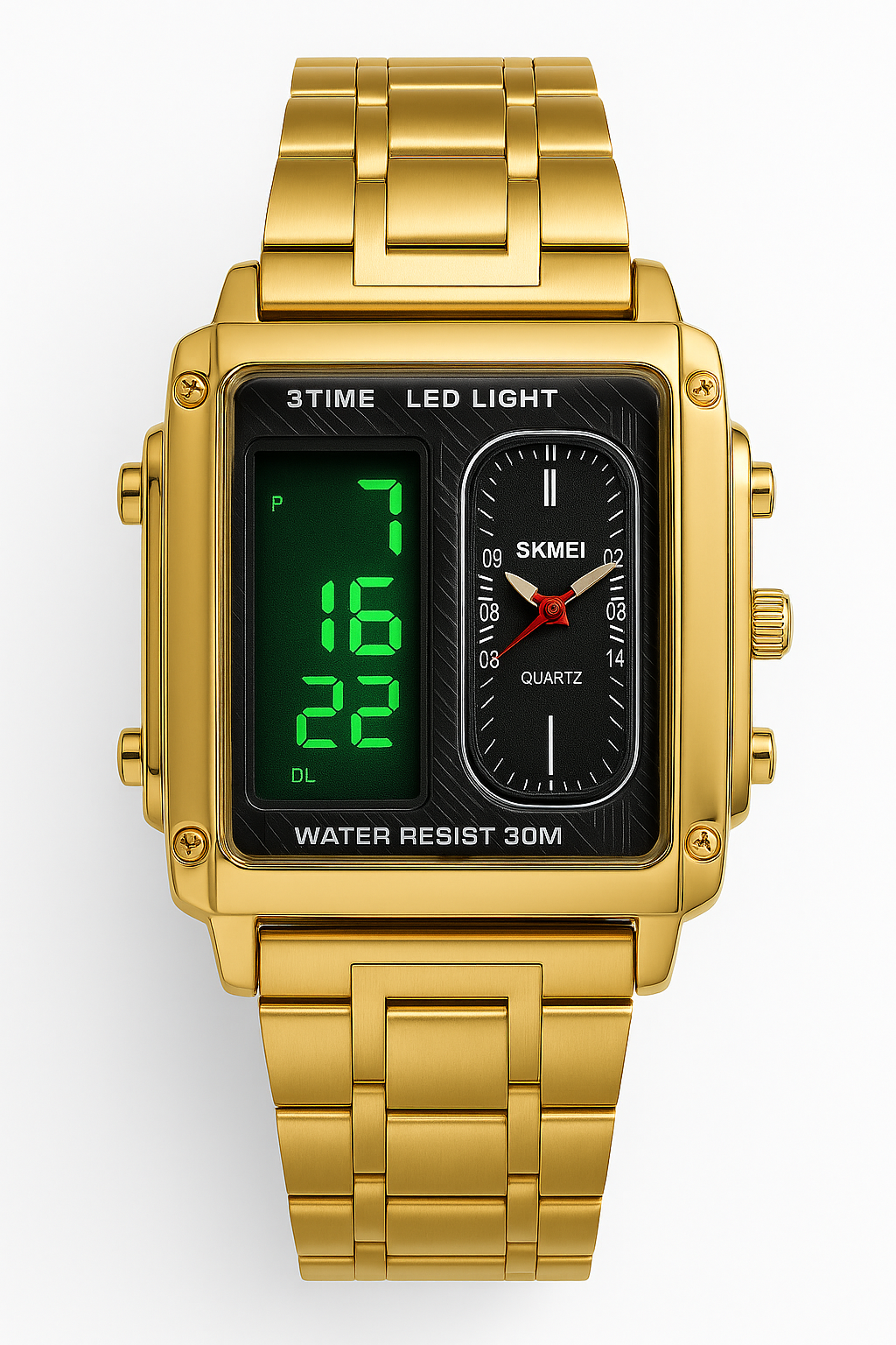 SKMEI Dual Display Men’s Watch – Gold Stainless Steel, LED Light, Waterproof 3ATM