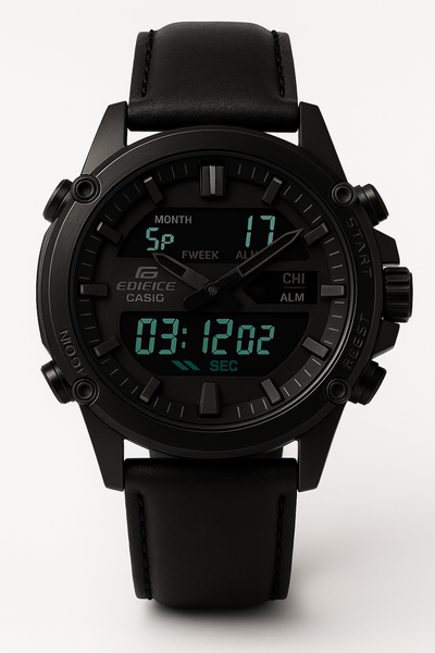 Casio Edifice Dual Time Black Leather Strap Watch – Water Resistant