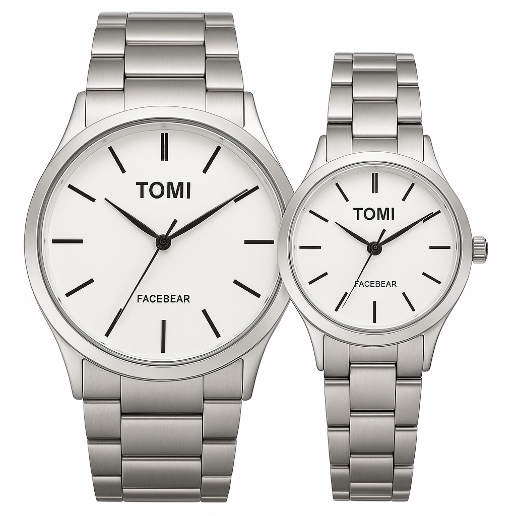 TOMI Couple Watch Set – Black Dial | Two-Tone Stainless Steel (Gold & Silver)