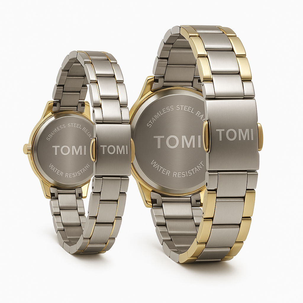TOMI Couple Watch Set – Black Dial | Two-Tone Stainless Steel (Gold & Silver)