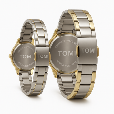 TOMI Couple Watch Set – Black Dial | Two-Tone Stainless Steel (Gold & Silver)