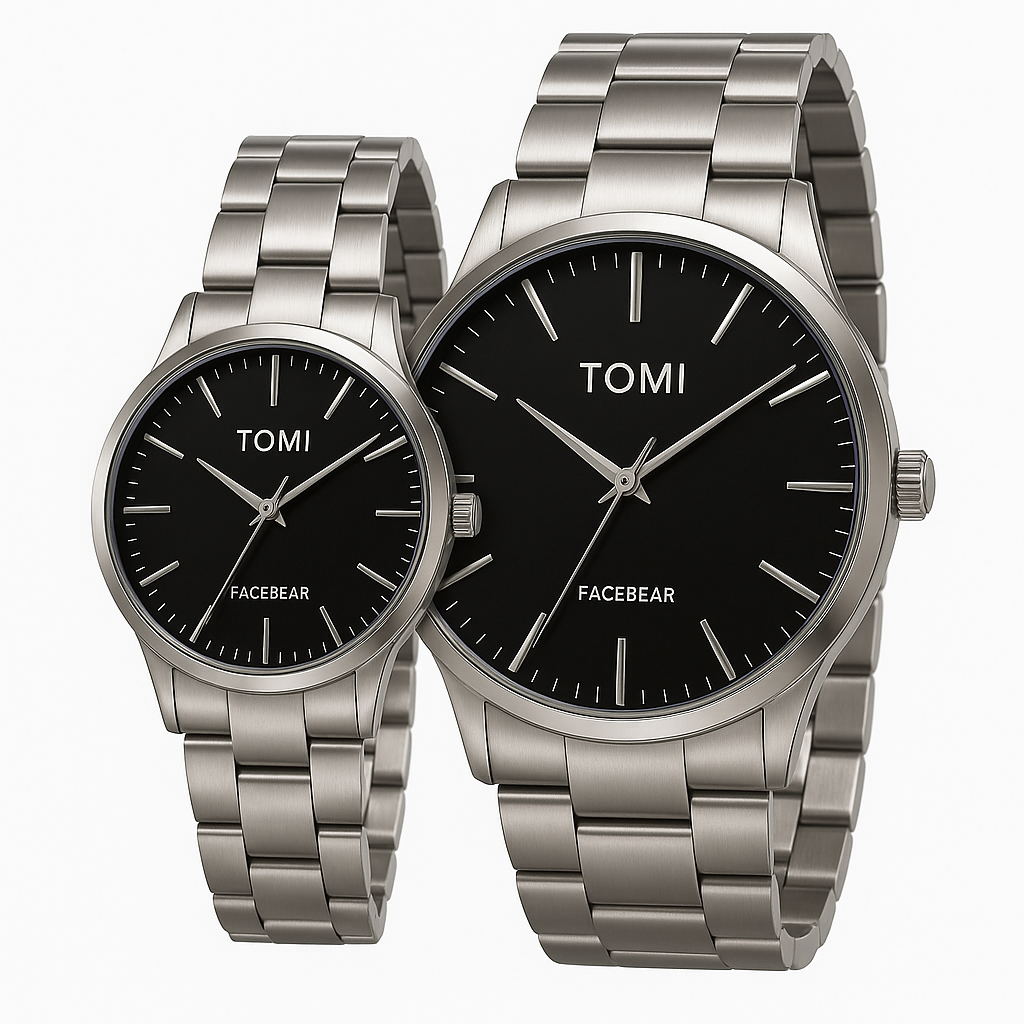 TOMI Couple Watch Set – Black Dial | Two-Tone Stainless Steel (Gold & Silver)