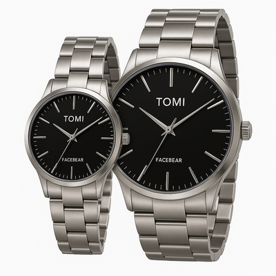 TOMI Couple Watch Set – Black Dial | Two-Tone Stainless Steel (Gold & Silver)