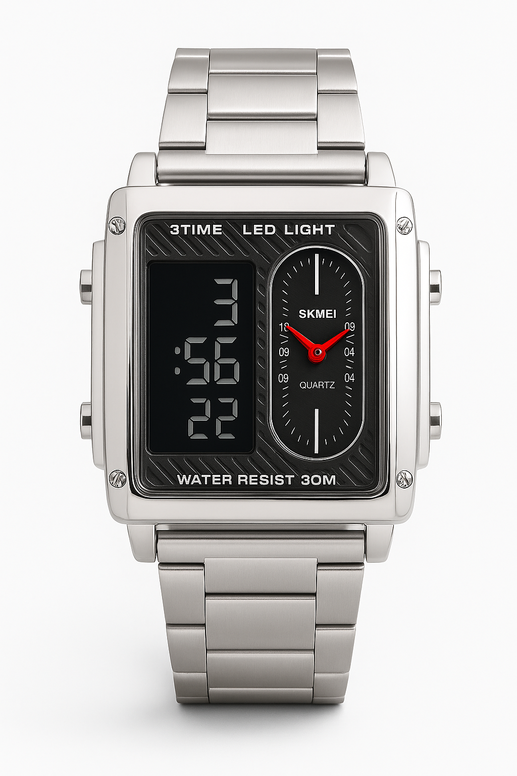 SKMEI Dual Display Men’s Watch – Silver Stainless Steel, LED Light, Waterproof 3ATM