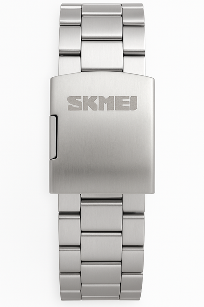 SKMEI Dual Display Men’s Watch – Silver Stainless Steel, LED Light, Waterproof 3ATM