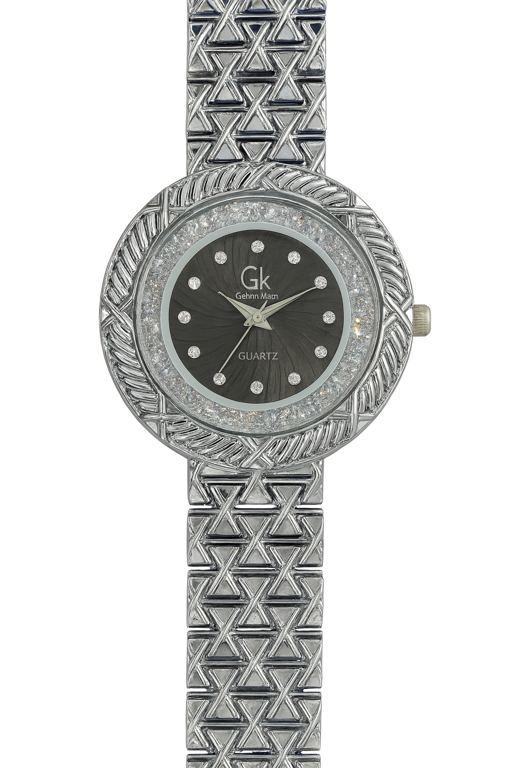 GK Silver Women’s Luxury Watch – Black Dial with Crystal Bezel