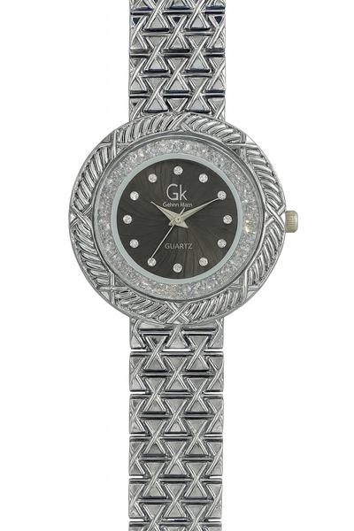 GK Silver Women’s Luxury Watch – Black Dial with Crystal Bezel
