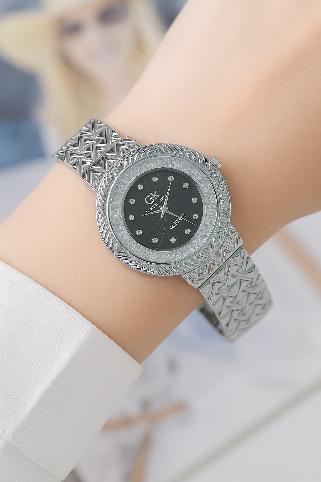 GK Silver Women’s Luxury Watch – Black Dial with Crystal Bezel