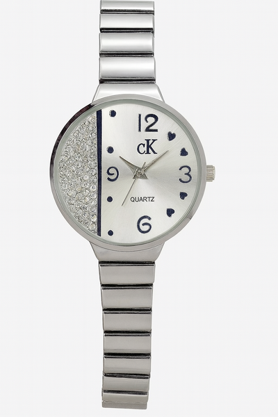 CK Crystal Half-Dial Women’s Watch – Silver Stainless Steel Strap