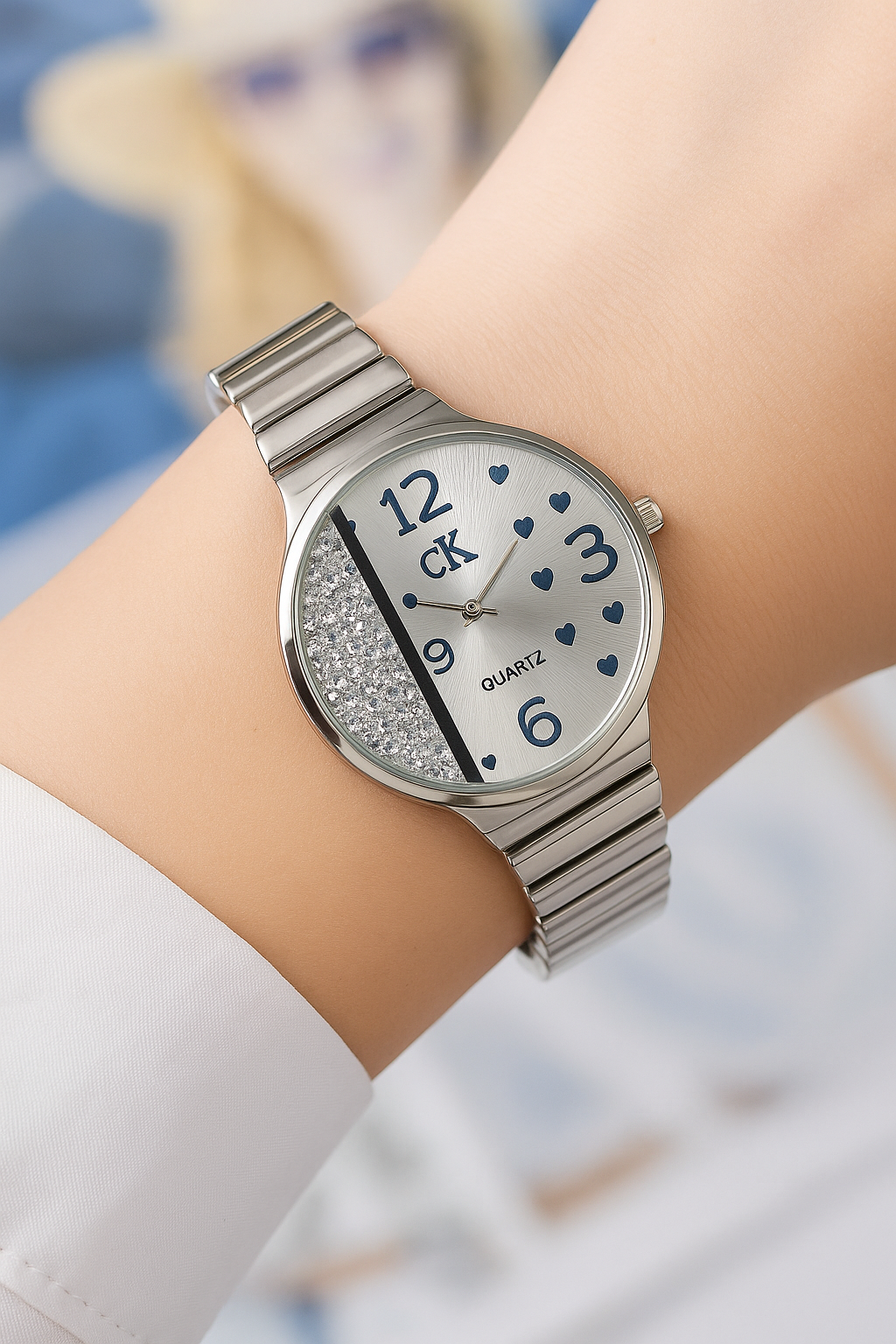 CK Crystal Half-Dial Women’s Watch – Silver Stainless Steel Strap