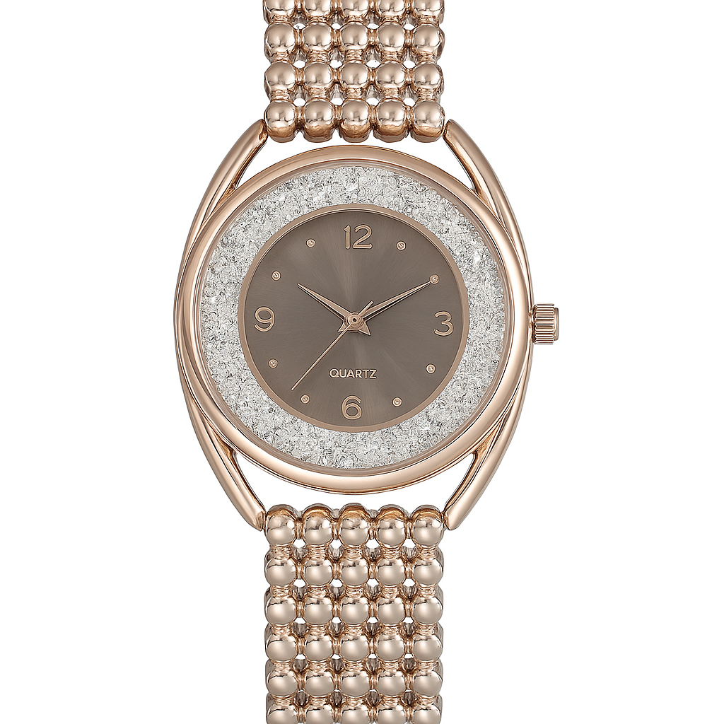 Luxury Rose Gold Women’s Quartz Watch – Crystal Bezel & Beaded Strap