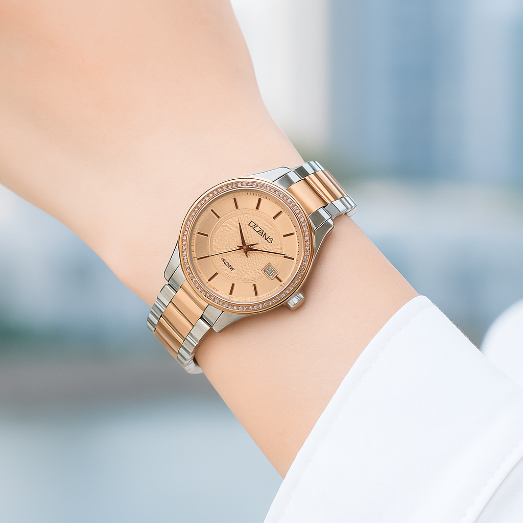 Dilang Two-Tone Luxury Quartz Watch with Gold Dial & Crystal Bezel