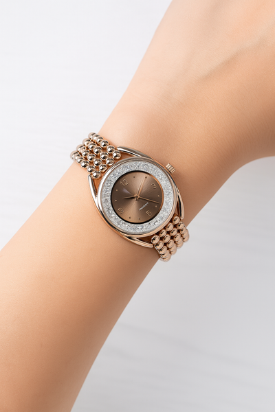 Luxury Rose Gold Women’s Quartz Watch – Crystal Bezel & Beaded Strap