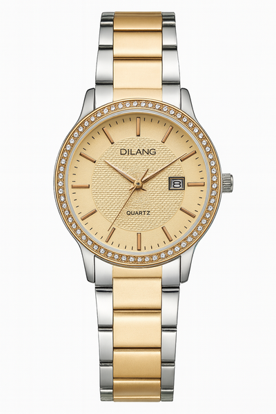 Dilang Two-Tone Luxury Quartz Watch with Gold Dial & Crystal Bezel