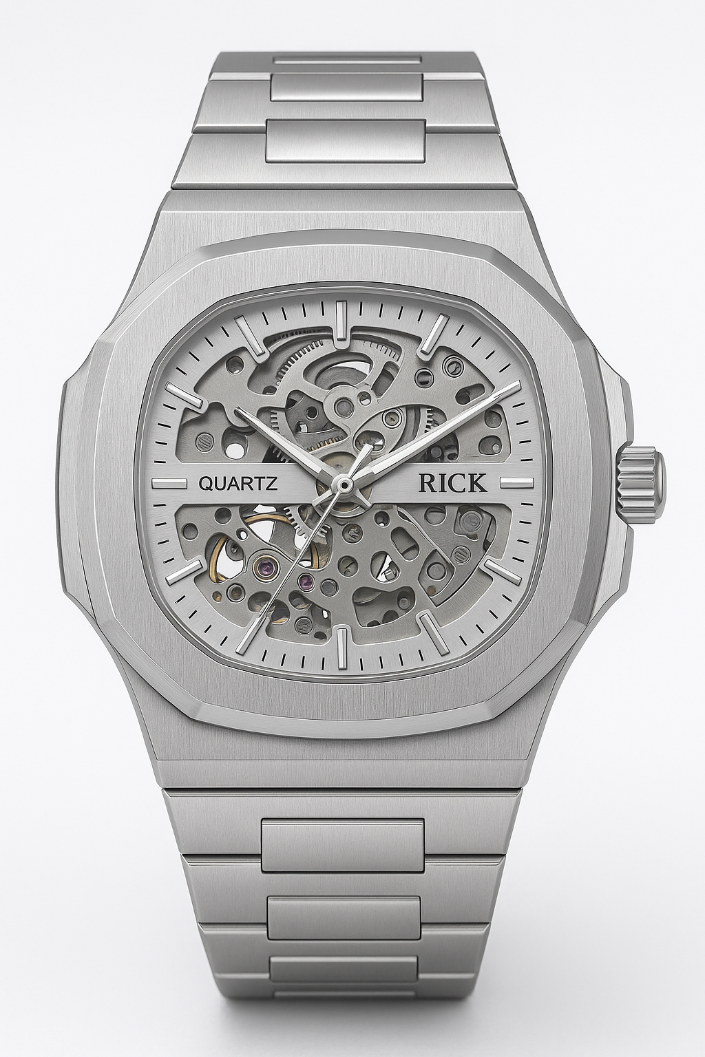 Rick Skeleton Quartz Watch – Brushed Silver Case with Steel Mesh Strap