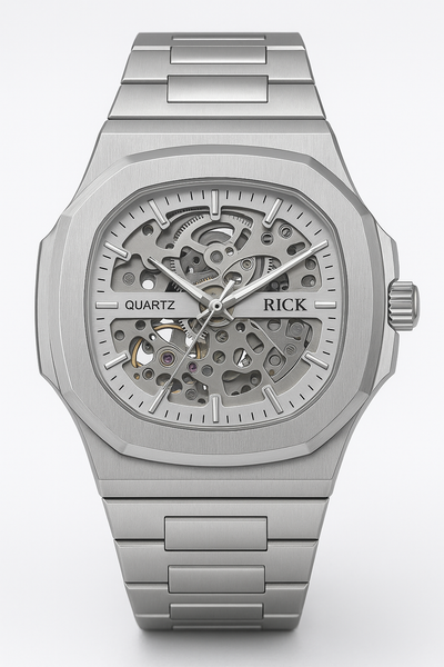 Rick Skeleton Quartz Watch – Brushed Silver Case with Steel Mesh Strap