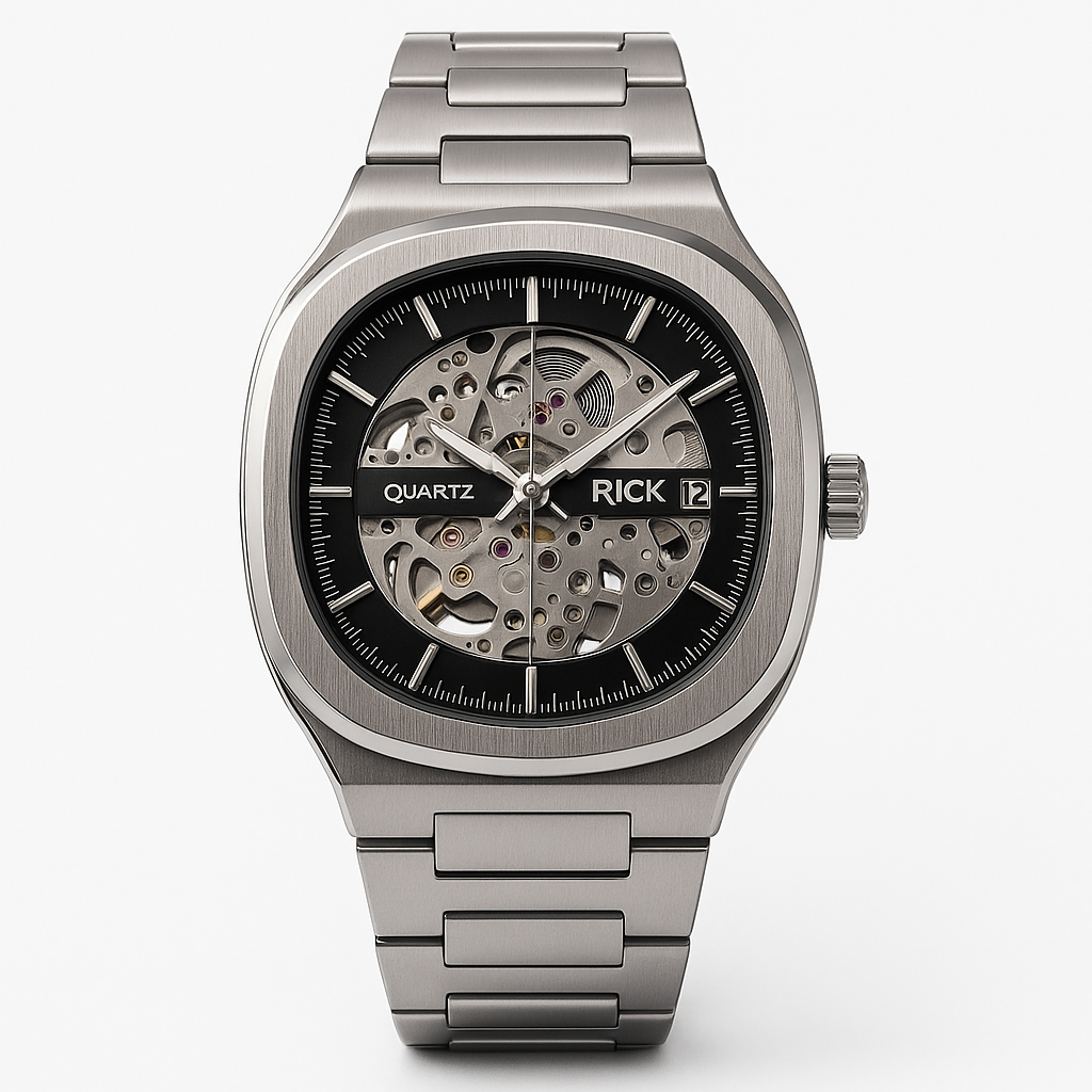Rick Skeleton Quartz Watch – Brushed Silver Case with Steel Mesh Strap