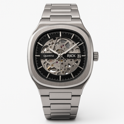 Rick Skeleton Quartz Watch – Brushed Silver Case with Steel Mesh Strap