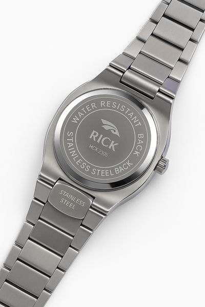Rick Skeleton Quartz Watch – Brushed Silver Case with Steel Mesh Strap