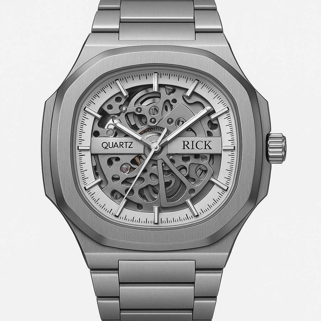 Rick Skeleton Quartz Watch – Brushed Silver Case with Steel Mesh Strap
