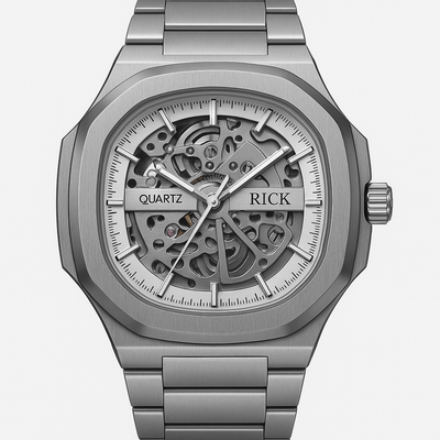 Rick Skeleton Quartz Watch – Brushed Silver Case with Steel Mesh Strap