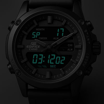 Casio Edifice Dual Time Black Leather Strap Watch – Water Resistant